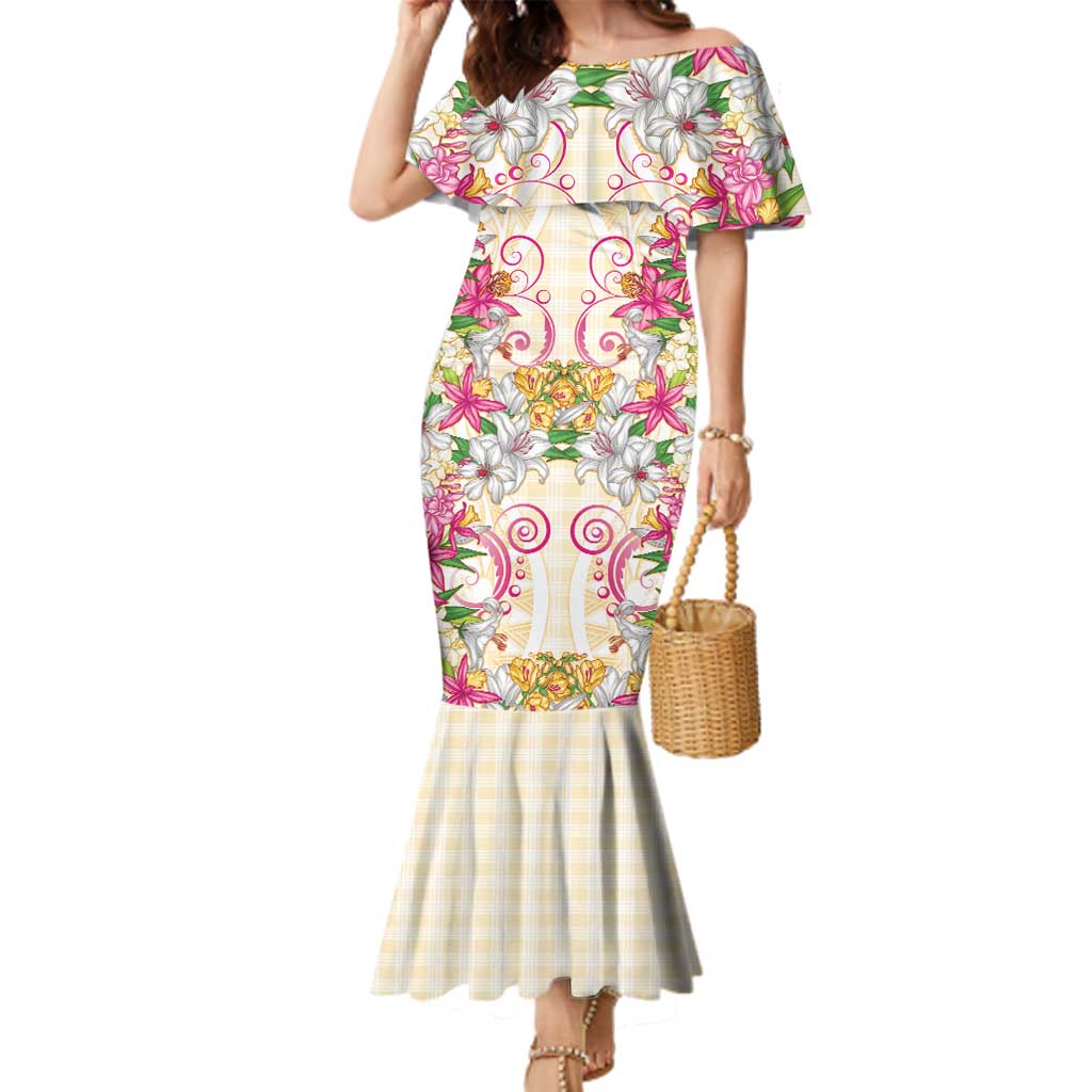 Hawaii Palaka Family Matching Mermaid Dress and Hawaiian Shirt Yellow Tribal Pattern With Tropical Flowers LT05 Mom's Dress Yellow - Polynesian Pride