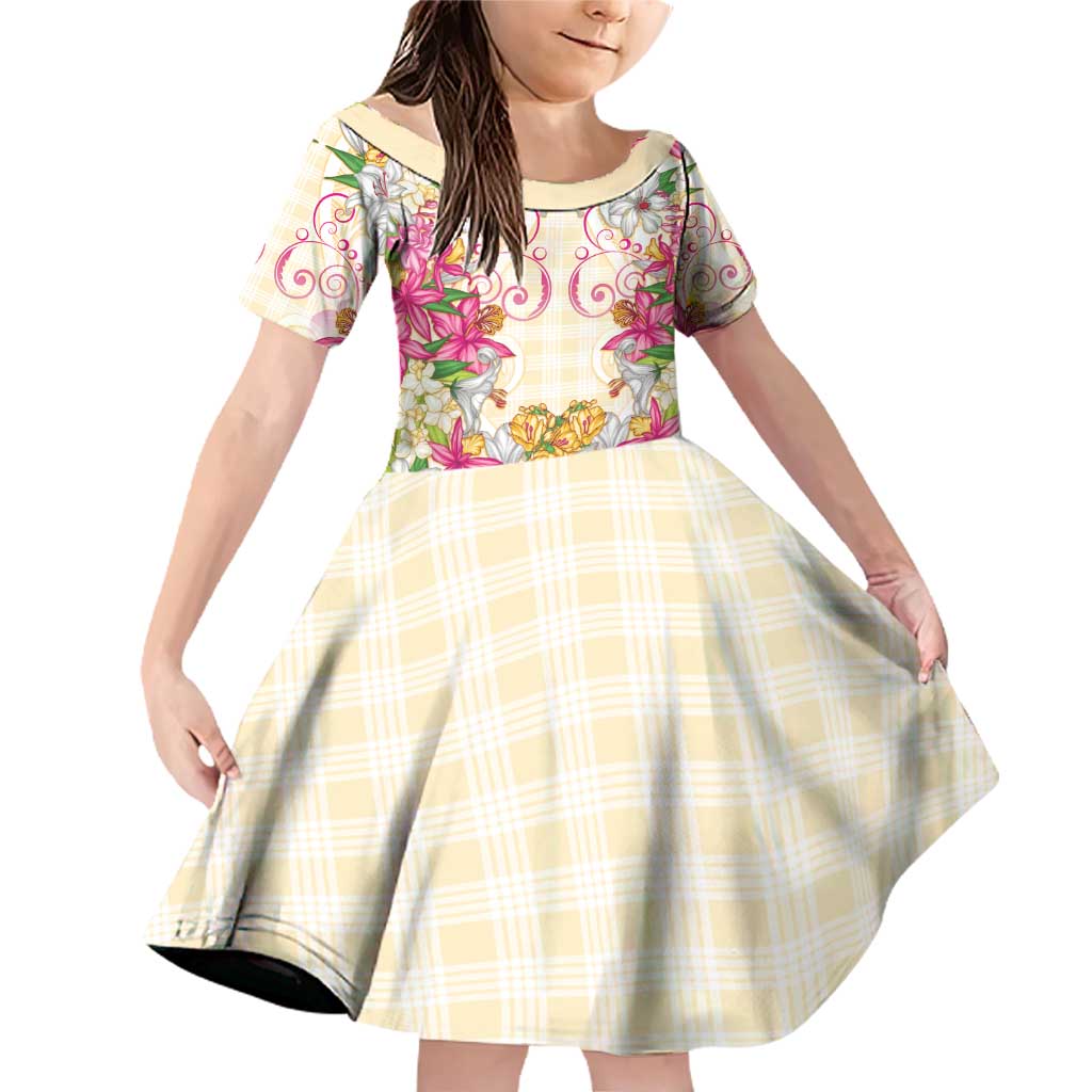 Hawaii Palaka Family Matching Off Shoulder Short Dress and Hawaiian Shirt Yellow Tribal Pattern With Tropical Flowers - Polynesian Pride