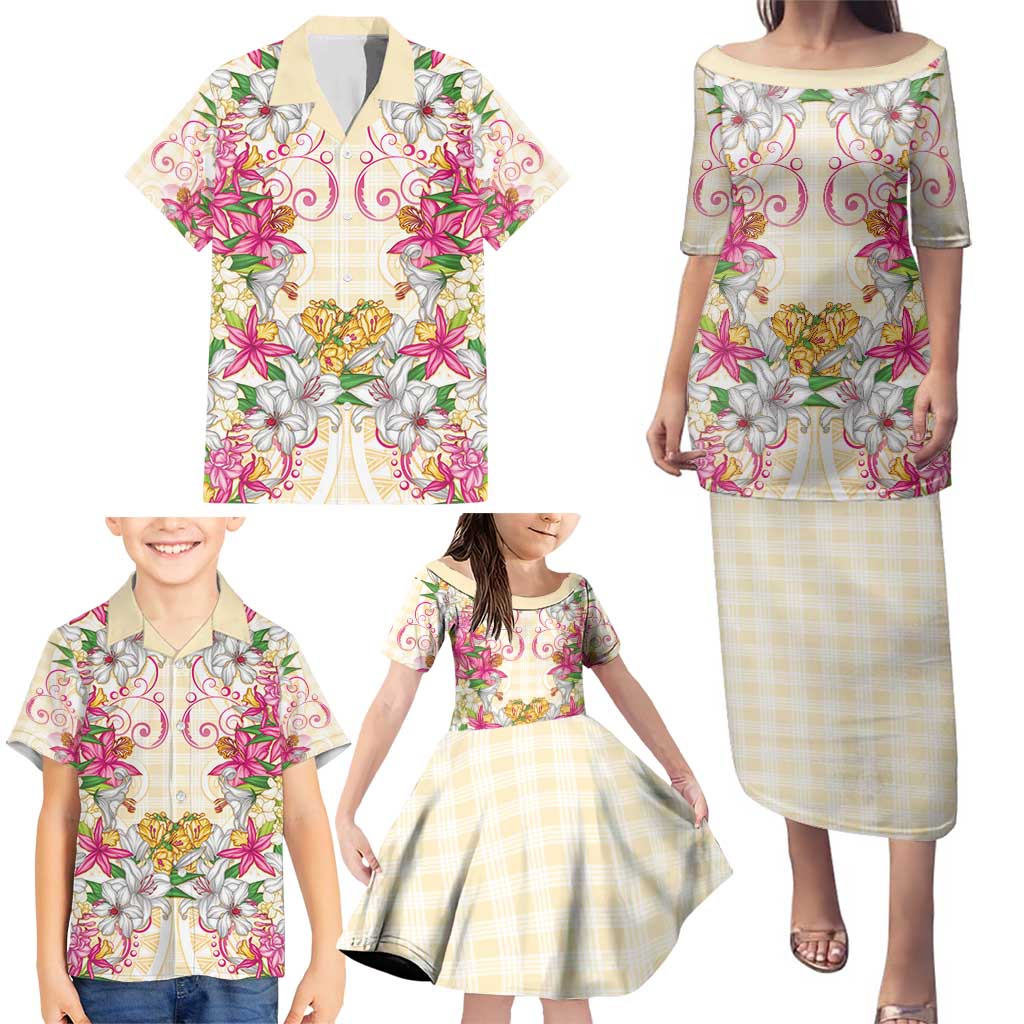 Hawaii Palaka Family Matching Puletasi and Hawaiian Shirt Yellow Tribal Pattern With Tropical Flowers - Polynesian Pride
