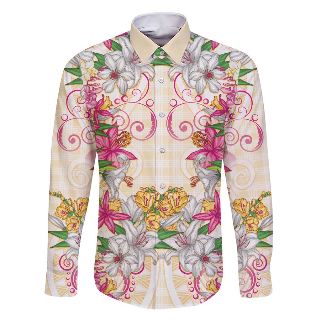 Hawaii Palaka Family Matching Short Sleeve Bodycon Dress and Hawaiian Shirt Yellow Tribal Pattern With Tropical Flowers LT05 Dad's Shirt - Long Sleeve Yellow - Polynesian Pride