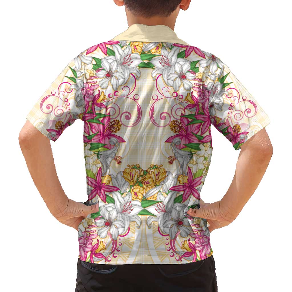 Hawaii Palaka Family Matching Summer Maxi Dress and Hawaiian Shirt Yellow Tribal Pattern With Tropical Flowers - Polynesian Pride