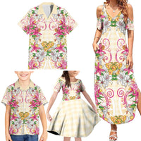 Hawaii Palaka Family Matching Summer Maxi Dress and Hawaiian Shirt Yellow Tribal Pattern With Tropical Flowers - Polynesian Pride