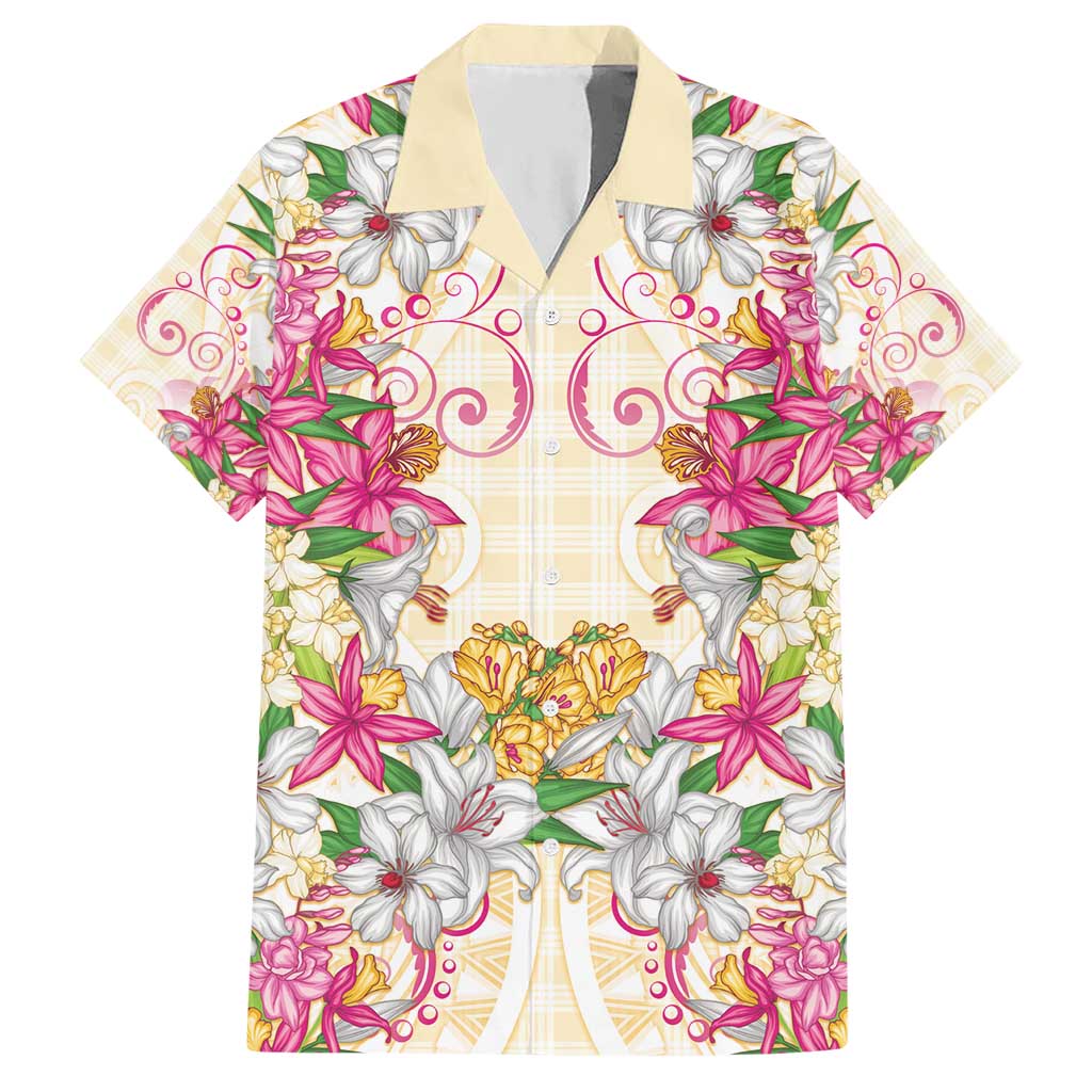 Hawaii Palaka Hawaiian Shirt Yellow Tribal Pattern With Tropical Flowers - Polynesian Pride