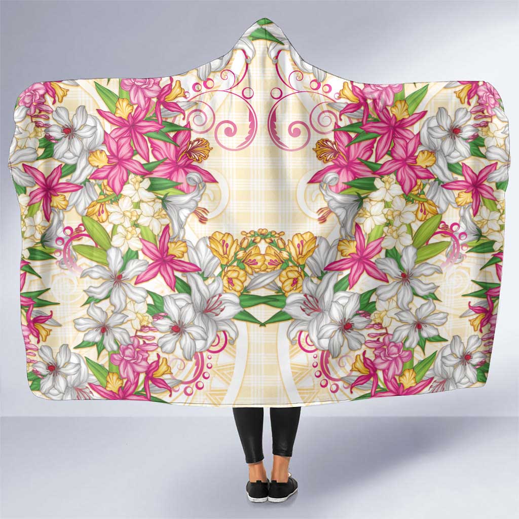 Hawaii Palaka Hooded Blanket Yellow Tribal Pattern With Tropical Flowers - Polynesian Pride