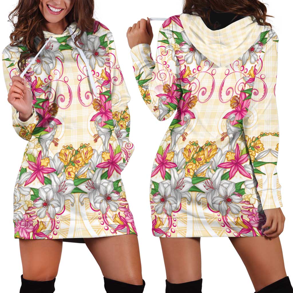 Hawaii Palaka Hoodie Dress Yellow Tribal Pattern With Tropical Flowers - Polynesian Pride