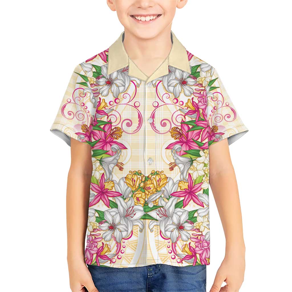 Hawaii Palaka Kid Hawaiian Shirt Yellow Tribal Pattern With Tropical Flowers - Polynesian Pride