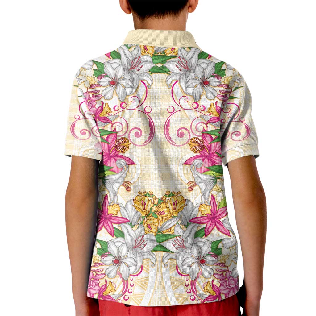Hawaii Palaka Kid Polo Shirt Yellow Tribal Pattern With Tropical Flowers - Polynesian Pride