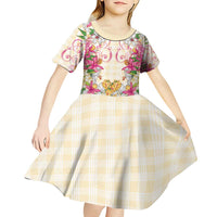 Hawaii Palaka Kid Short Sleeve Dress Yellow Tribal Pattern With Tropical Flowers - Polynesian Pride