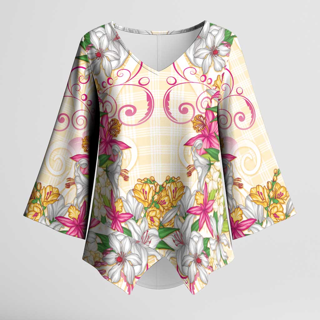 Hawaii Palaka Kimono Sleeve Blouse Yellow Tribal Pattern With Tropical Flowers - Polynesian Pride