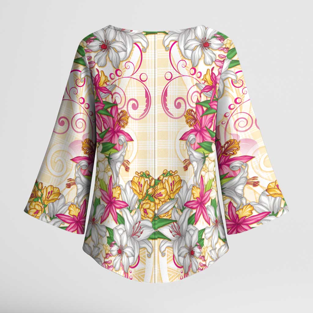 Hawaii Palaka Kimono Sleeve Blouse Yellow Tribal Pattern With Tropical Flowers - Polynesian Pride