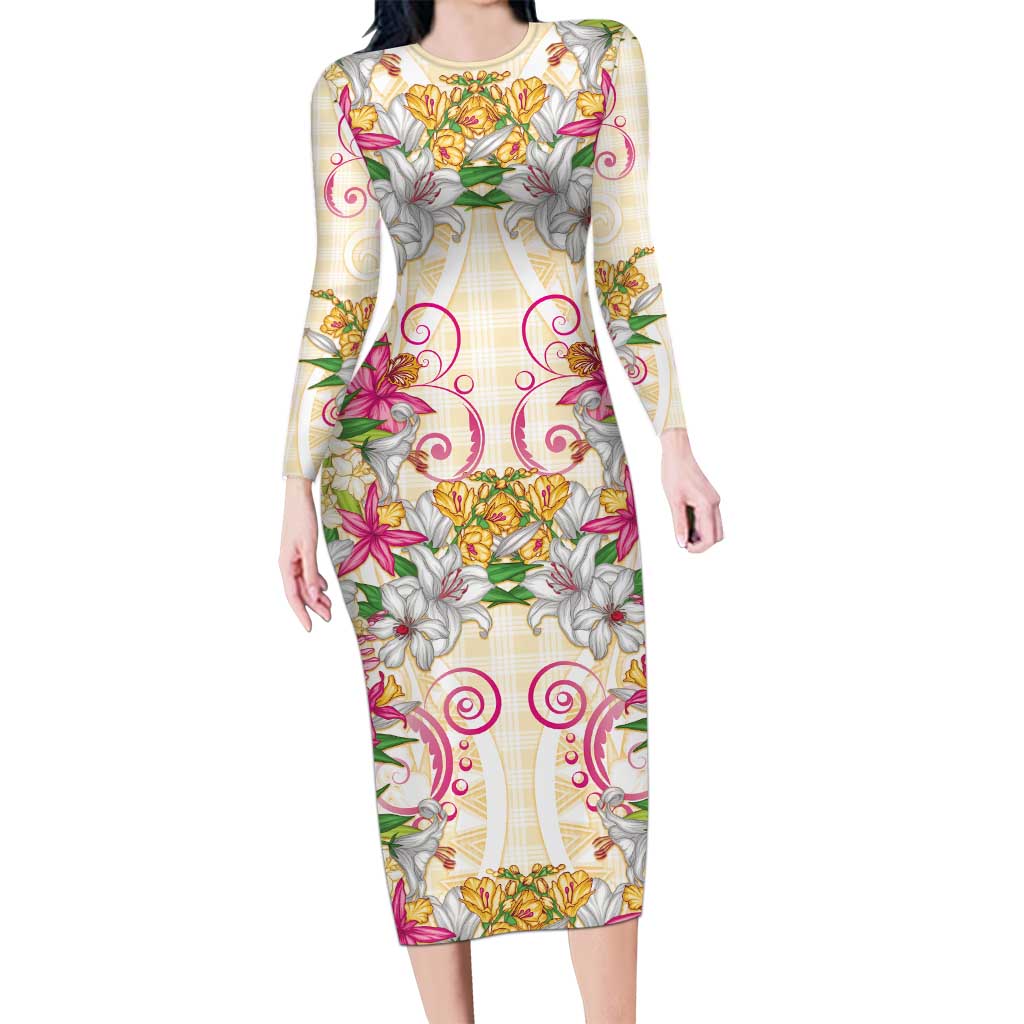 Hawaii Palaka Long Sleeve Bodycon Dress Yellow Tribal Pattern With Tropical Flowers - Polynesian Pride