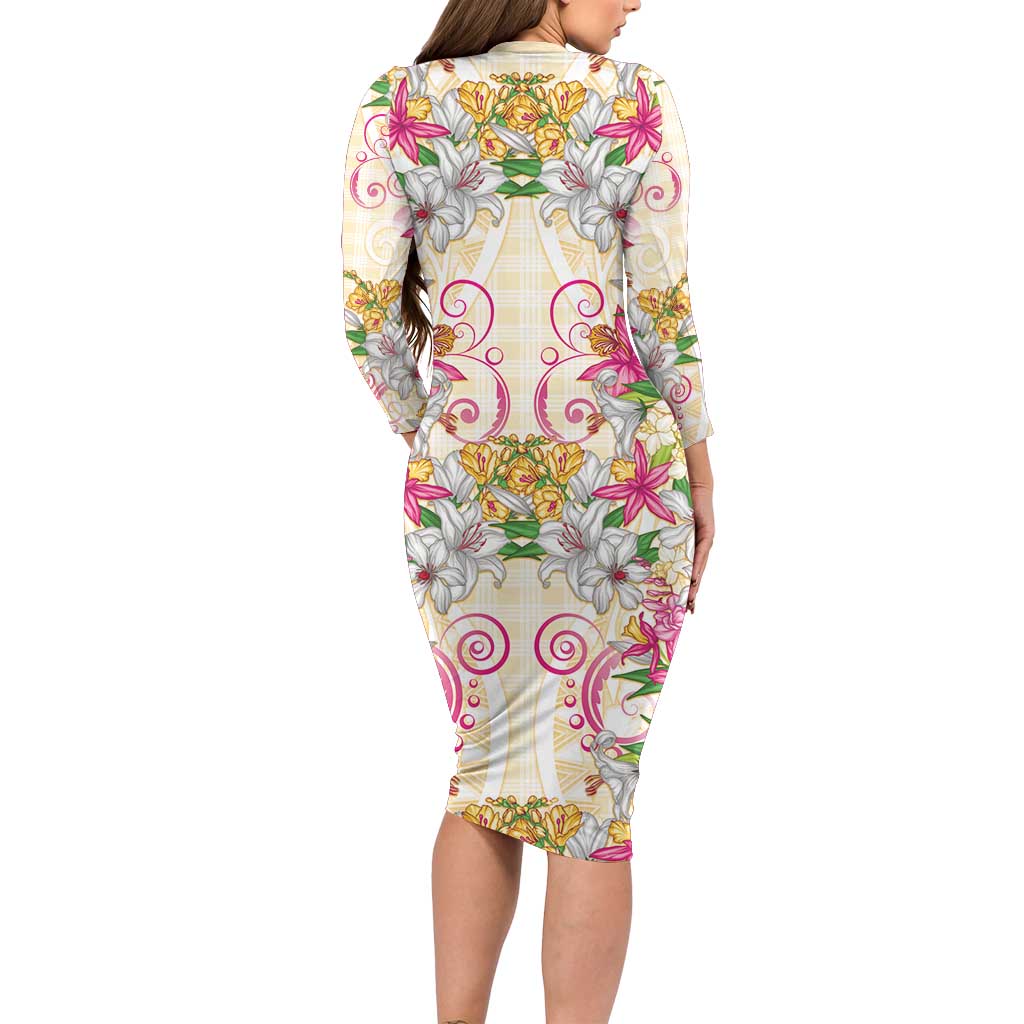 Hawaii Palaka Long Sleeve Bodycon Dress Yellow Tribal Pattern With Tropical Flowers - Polynesian Pride