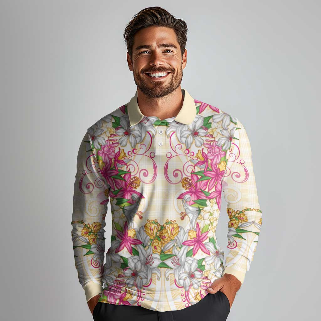 Hawaii Palaka Long Sleeve Polo Shirt Yellow Tribal Pattern With Tropical Flowers - Polynesian Pride