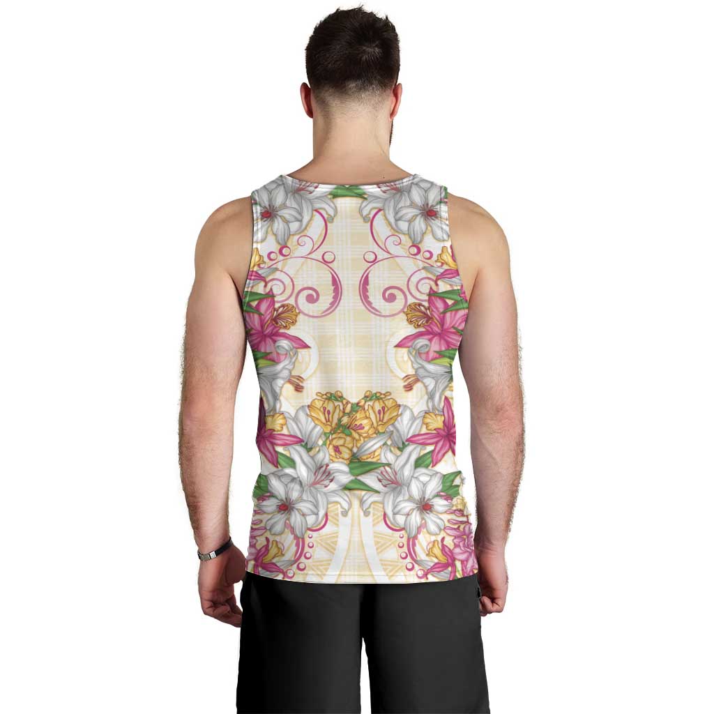 Hawaii Palaka Men Tank Top Yellow Tribal Pattern With Tropical Flowers - Polynesian Pride