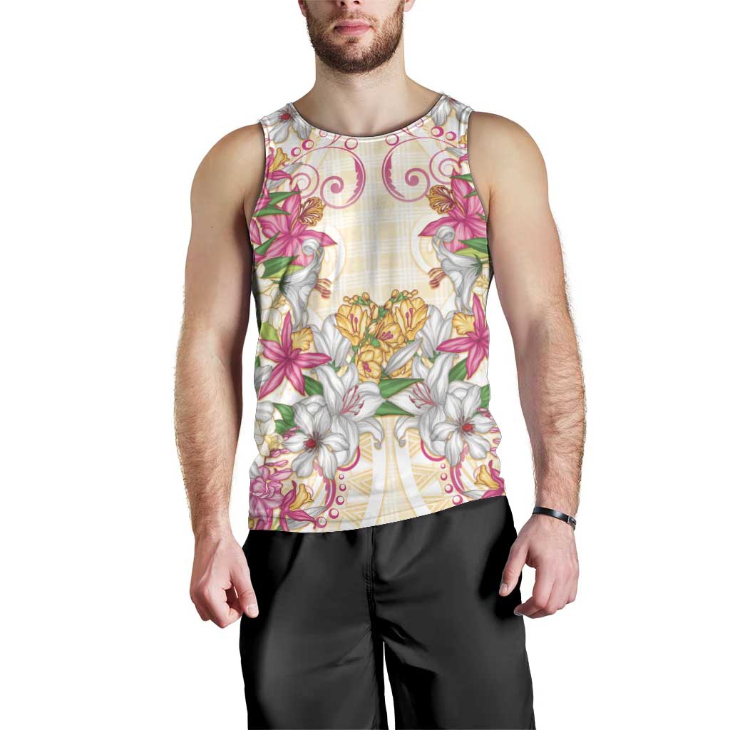 Hawaii Palaka Men Tank Top Yellow Tribal Pattern With Tropical Flowers - Polynesian Pride