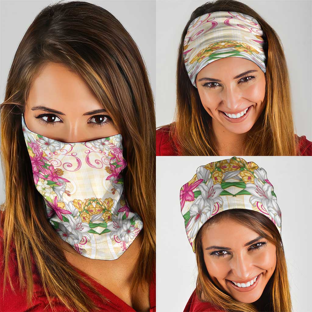 Hawaii Palaka Neck Gaiter Yellow Tribal Pattern With Tropical Flowers - Polynesian Pride