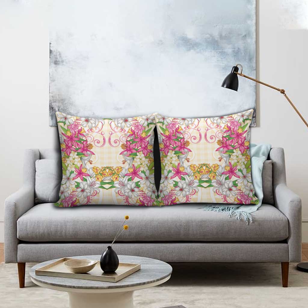 Hawaii Palaka Pillow Cover Yellow Tribal Pattern With Tropical Flowers - Polynesian Pride