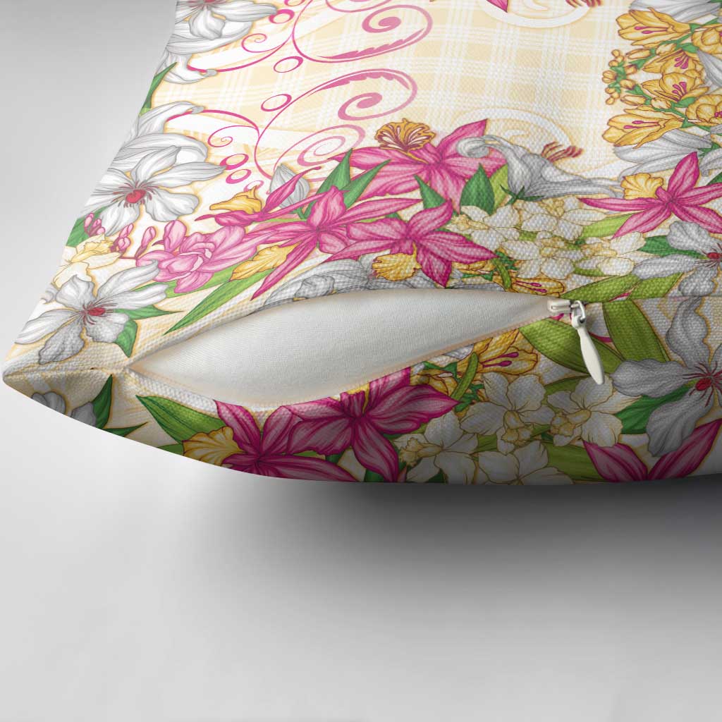 Hawaii Palaka Pillow Cover Yellow Tribal Pattern With Tropical Flowers - Polynesian Pride