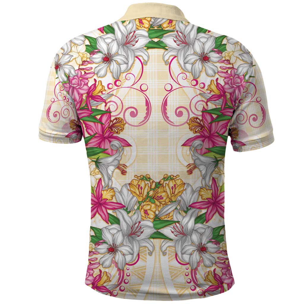 Hawaii Palaka Polo Shirt Yellow Tribal Pattern With Tropical Flowers - Polynesian Pride