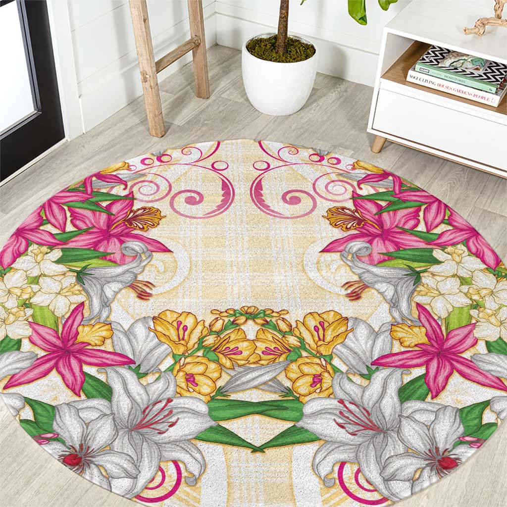 Hawaii Palaka Round Carpet Yellow Tribal Pattern With Tropical Flowers - Polynesian Pride