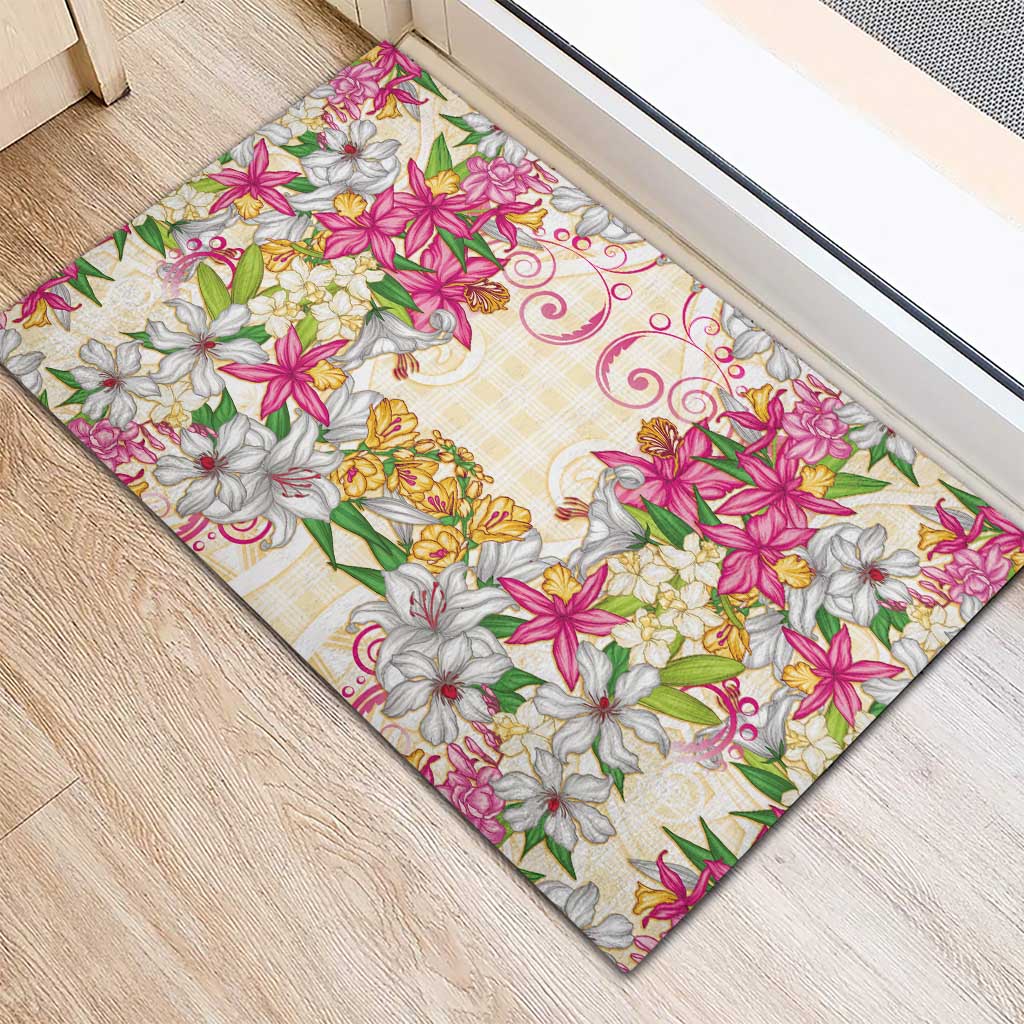 Hawaii Palaka Rubber Doormat Yellow Tribal Pattern With Tropical Flowers - Polynesian Pride