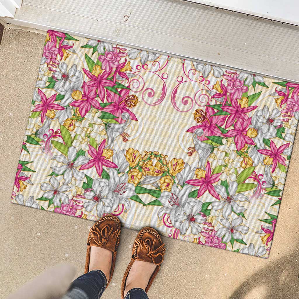 Hawaii Palaka Rubber Doormat Yellow Tribal Pattern With Tropical Flowers - Polynesian Pride