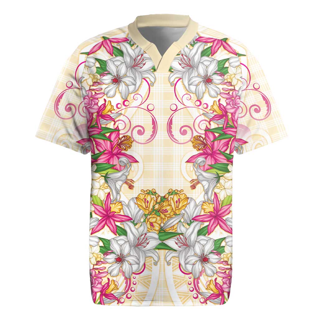 Hawaii Palaka Rugby Jersey Yellow Tribal Pattern With Tropical Flowers - Polynesian Pride