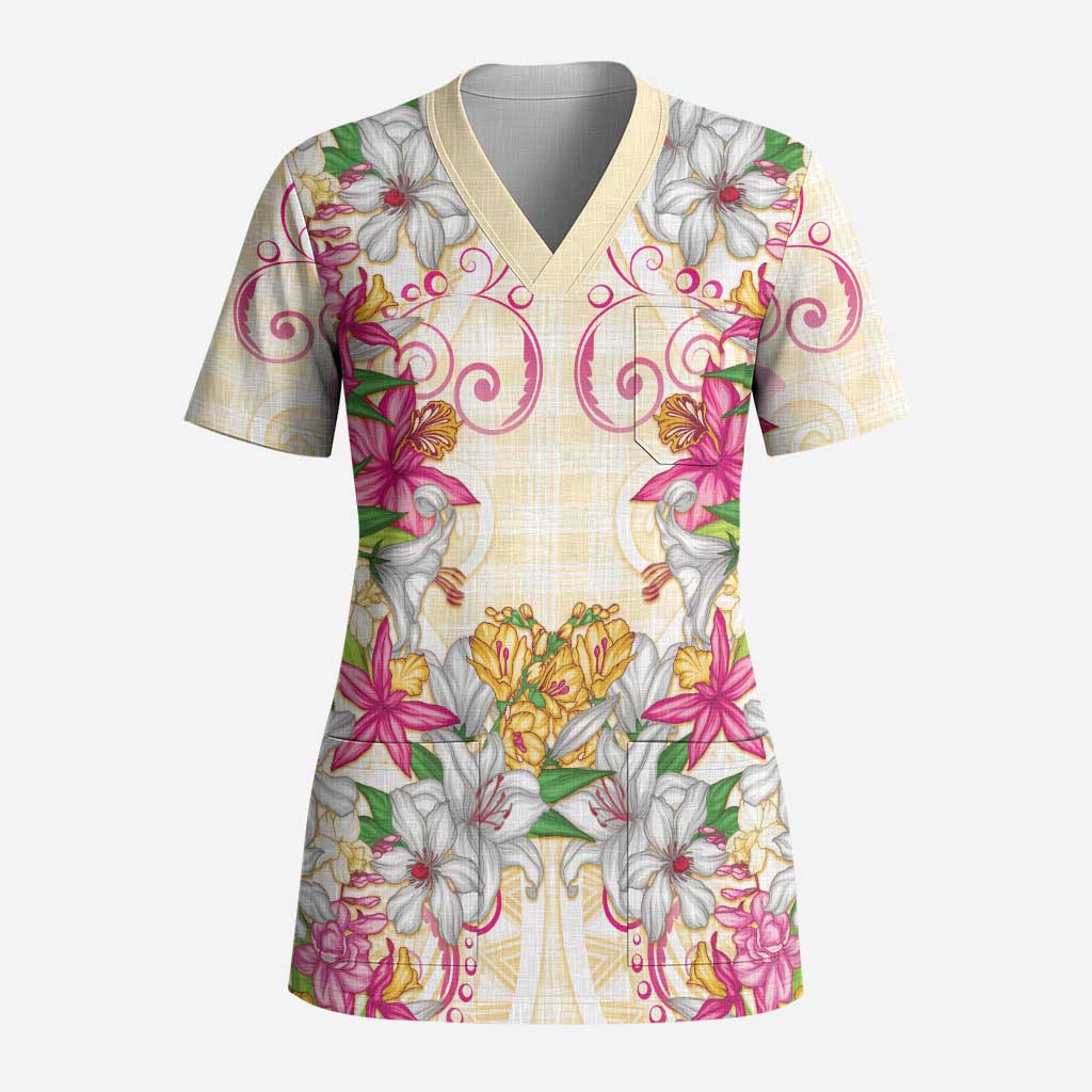Hawaii Palaka Scrub Top Yellow Tribal Pattern With Tropical Flowers LT05 Adult Yellow - Polynesian Pride