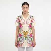 Hawaii Palaka Scrub Top Yellow Tribal Pattern With Tropical Flowers - Polynesian Pride