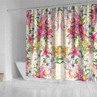 Hawaii Palaka Shower Curtain Yellow Tribal Pattern With Tropical Flowers - Polynesian Pride