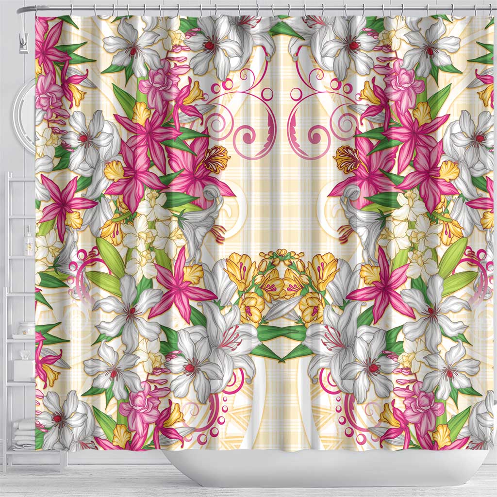 Hawaii Palaka Shower Curtain Yellow Tribal Pattern With Tropical Flowers - Polynesian Pride
