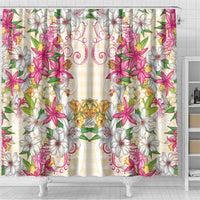 Hawaii Palaka Shower Curtain Yellow Tribal Pattern With Tropical Flowers - Polynesian Pride