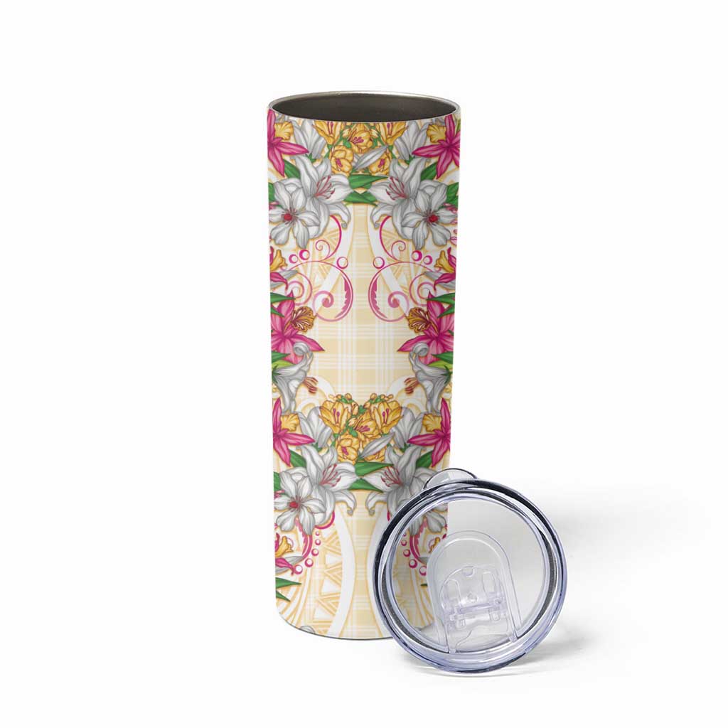 Hawaii Palaka Skinny Tumbler Yellow Tribal Pattern With Tropical Flowers - Polynesian Pride