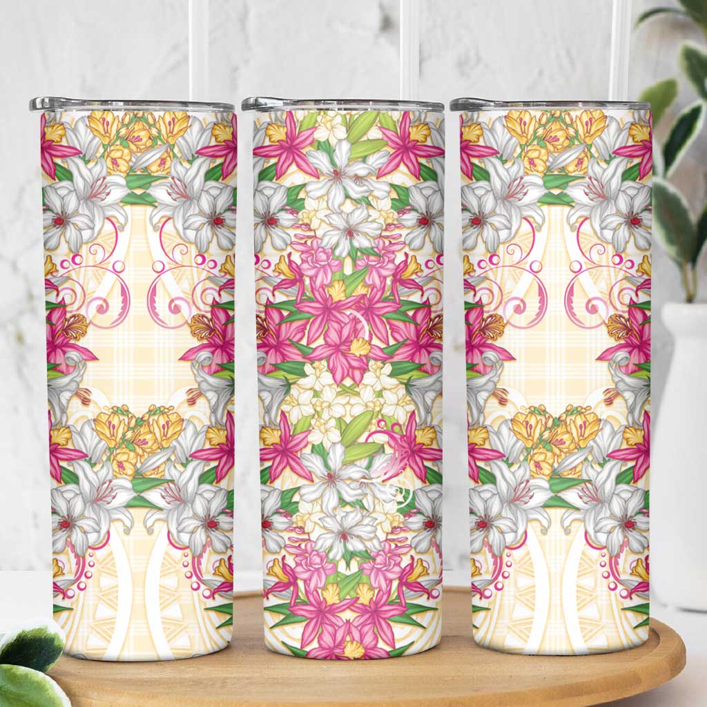 Hawaii Palaka Skinny Tumbler Yellow Tribal Pattern With Tropical Flowers - Polynesian Pride