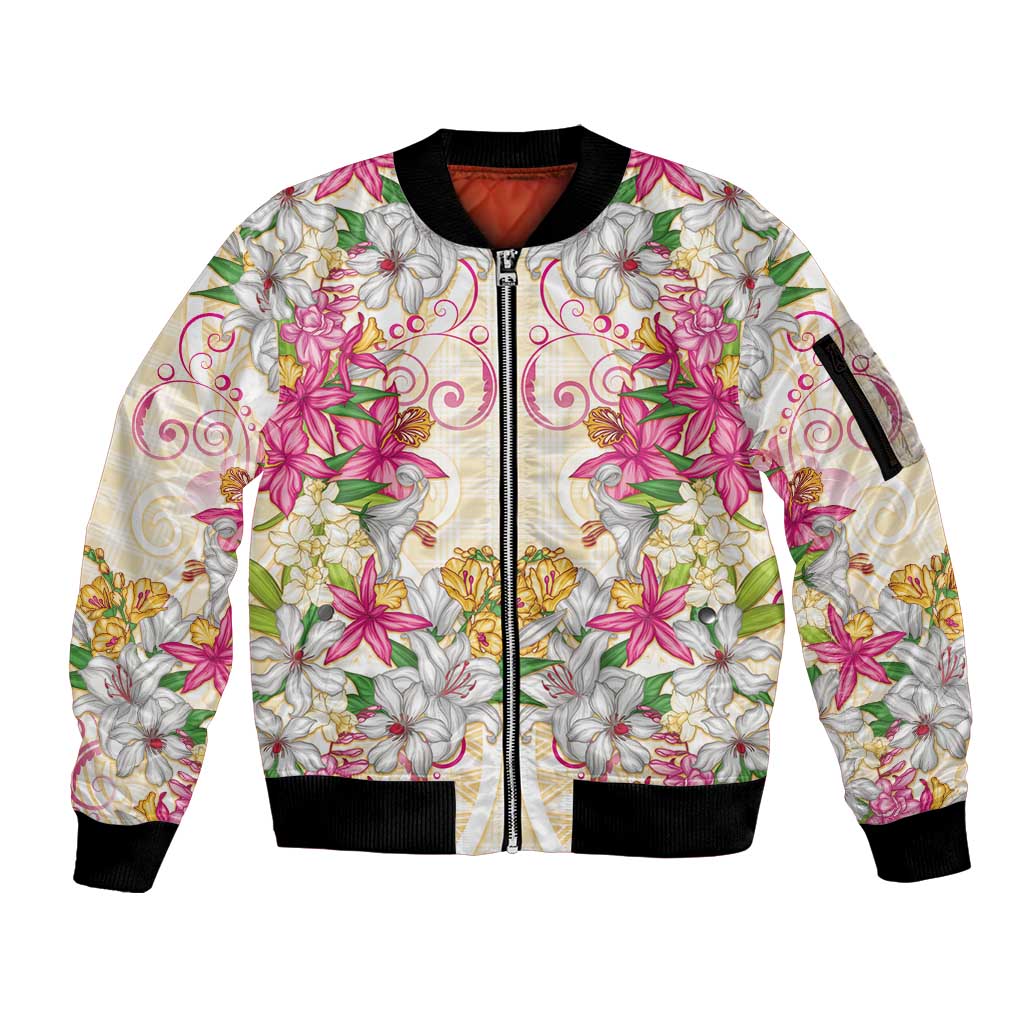 Hawaii Palaka Sleeve Zip Bomber Jacket Yellow Tribal Pattern With Tropical Flowers - Polynesian Pride