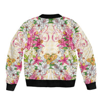 Hawaii Palaka Sleeve Zip Bomber Jacket Yellow Tribal Pattern With Tropical Flowers - Polynesian Pride
