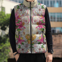 Hawaii Palaka Sleeveless Puffer Jacket Yellow Tribal Pattern With Tropical Flowers LT05 - Polynesian Pride