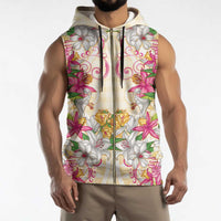 Hawaii Palaka Sleeveless Zip Hoodie Yellow Tribal Pattern With Tropical Flowers - Polynesian Pride