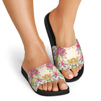 Hawaii Palaka Slide Sandals Yellow Tribal Pattern With Tropical Flowers - Polynesian Pride