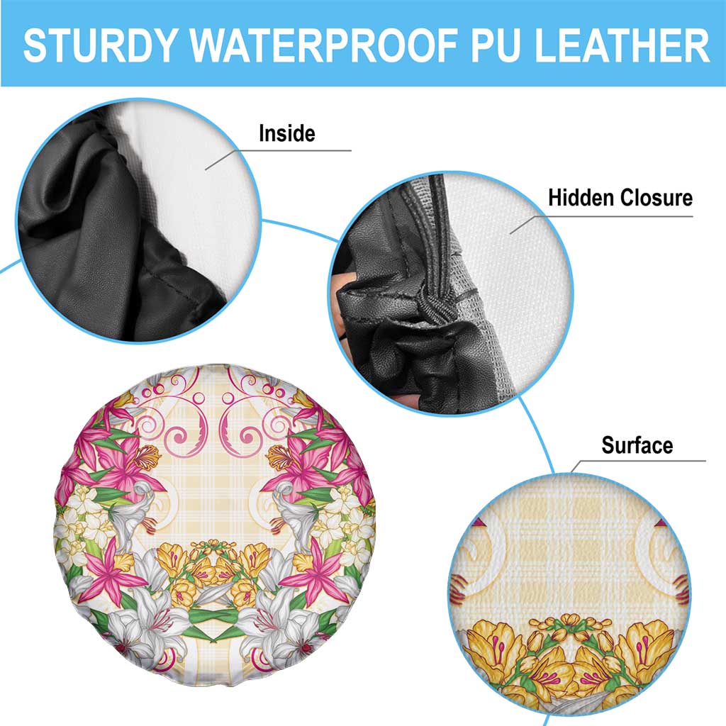 Hawaii Palaka Spare Tire Cover Yellow Tribal Pattern With Tropical Flowers - Polynesian Pride