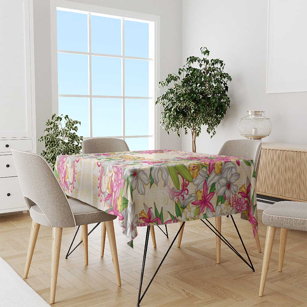 Hawaii Palaka Tablecloth Yellow Tribal Pattern With Tropical Flowers - Polynesian Pride