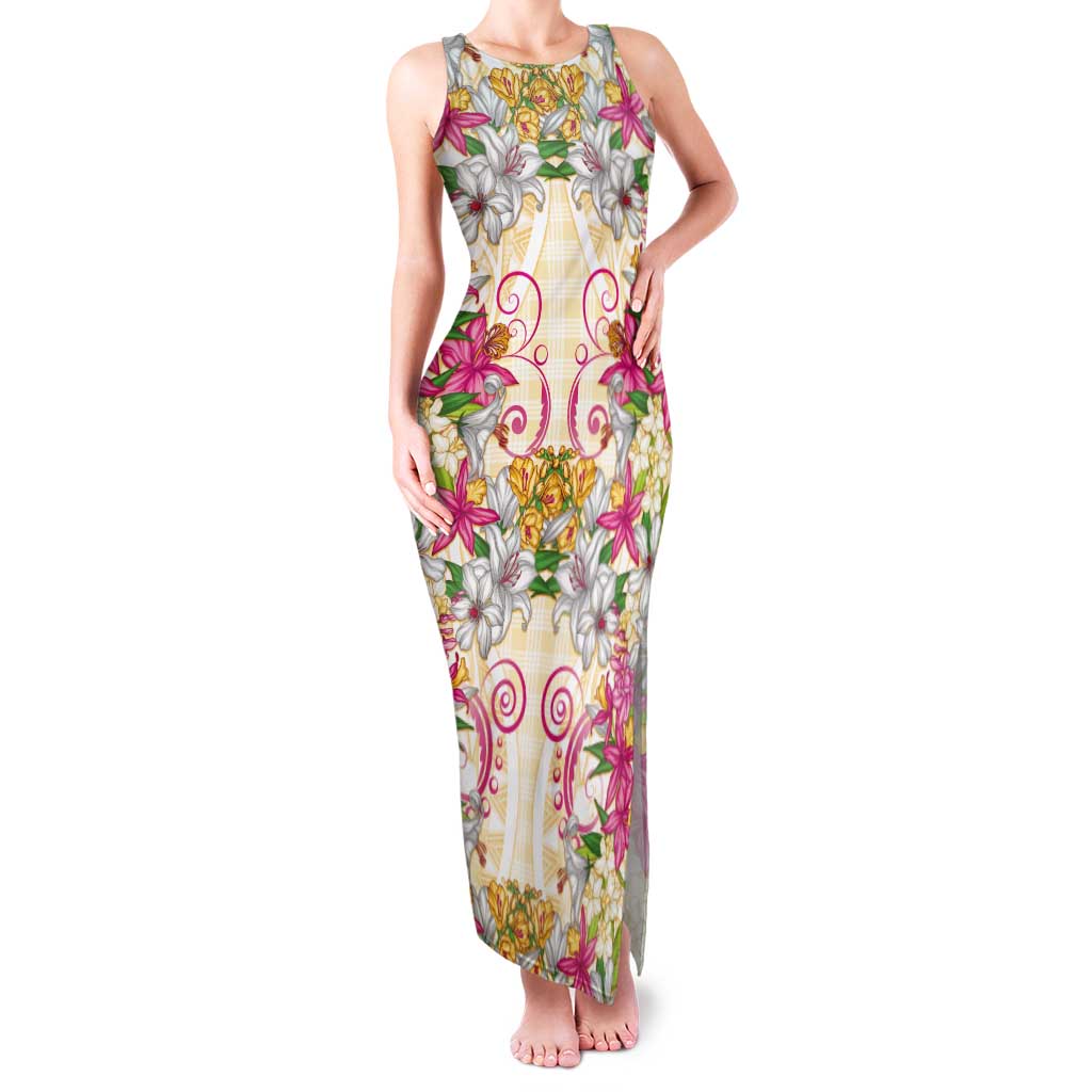Hawaii Palaka Tank Maxi Dress Yellow Tribal Pattern With Tropical Flowers - Polynesian Pride
