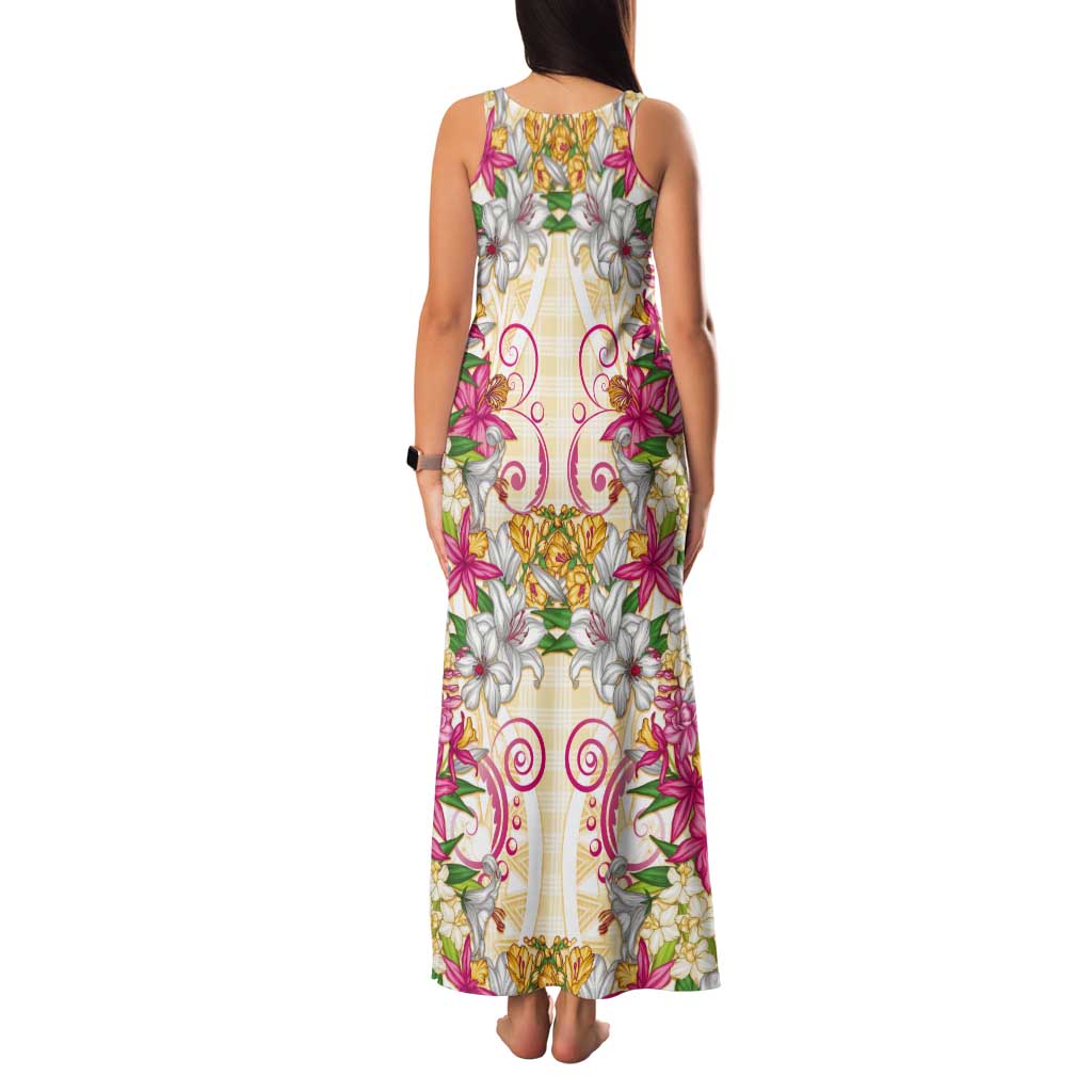 Hawaii Palaka Tank Maxi Dress Yellow Tribal Pattern With Tropical Flowers - Polynesian Pride