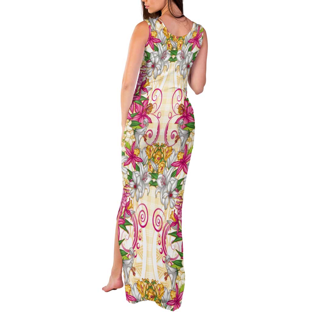 Hawaii Palaka Tank Maxi Dress Yellow Tribal Pattern With Tropical Flowers - Polynesian Pride