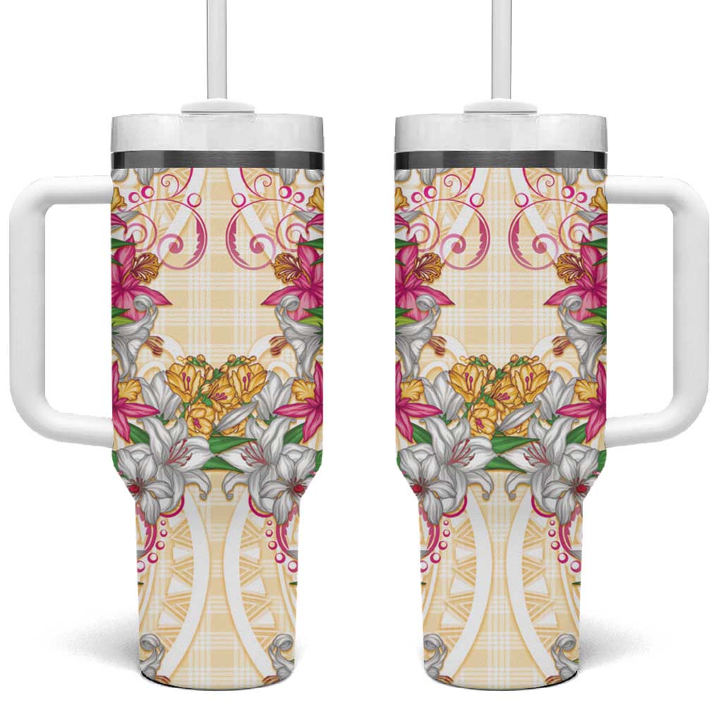 Hawaii Palaka Tumbler With Handle Yellow Tribal Pattern With Tropical Flowers - Polynesian Pride