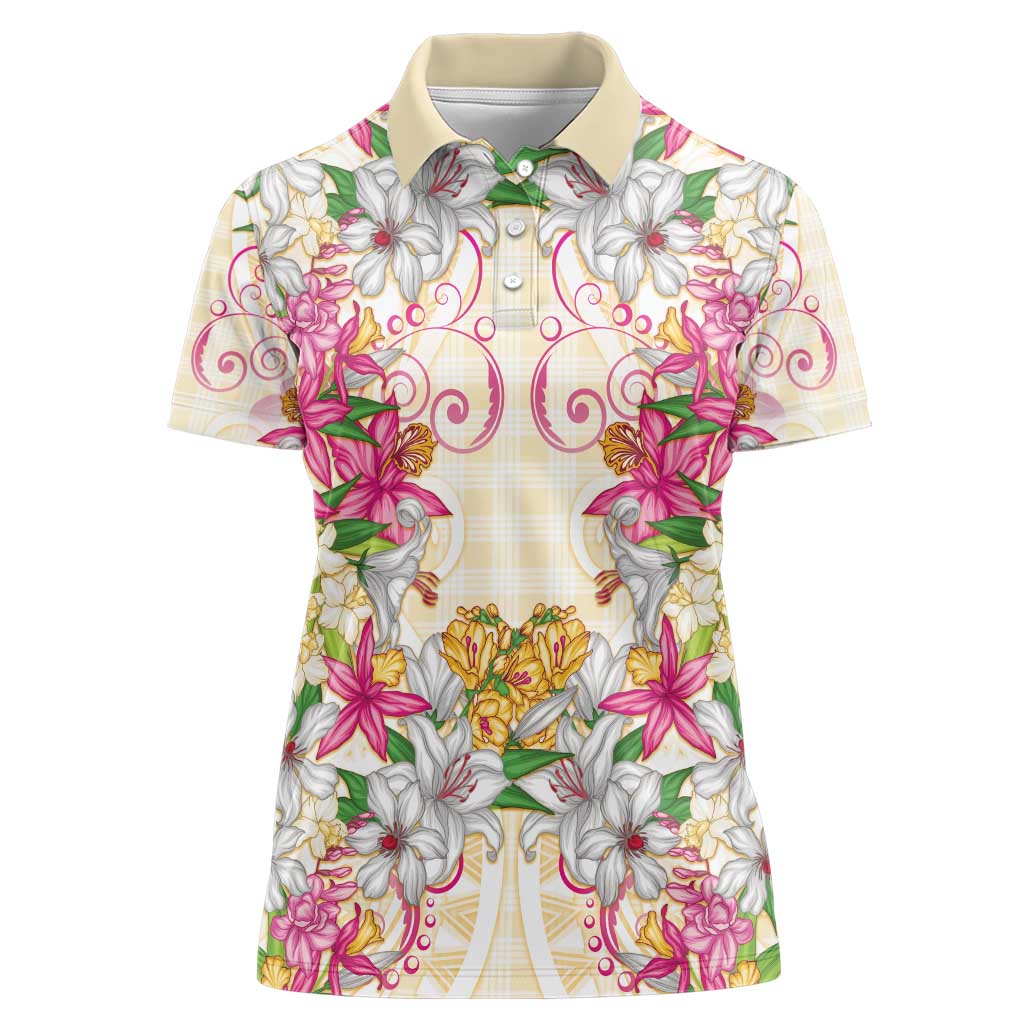 Hawaii Palaka Women Polo Shirt Yellow Tribal Pattern With Tropical Flowers - Polynesian Pride