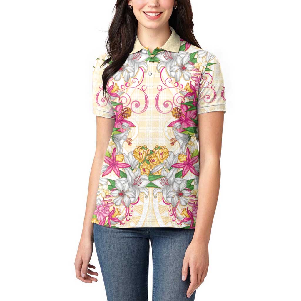 Hawaii Palaka Women Polo Shirt Yellow Tribal Pattern With Tropical Flowers - Polynesian Pride
