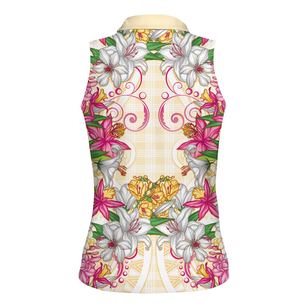 Hawaii Palaka Women Sleeveless Polo Shirt Yellow Tribal Pattern With Tropical Flowers - Polynesian Pride