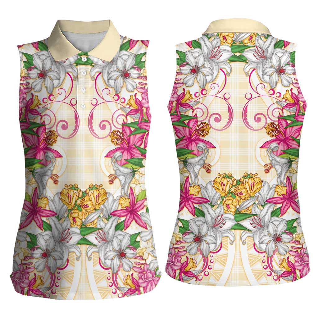 Hawaii Palaka Women Sleeveless Polo Shirt Yellow Tribal Pattern With Tropical Flowers - Polynesian Pride