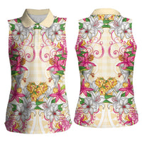 Hawaii Palaka Women Sleeveless Polo Shirt Yellow Tribal Pattern With Tropical Flowers - Polynesian Pride